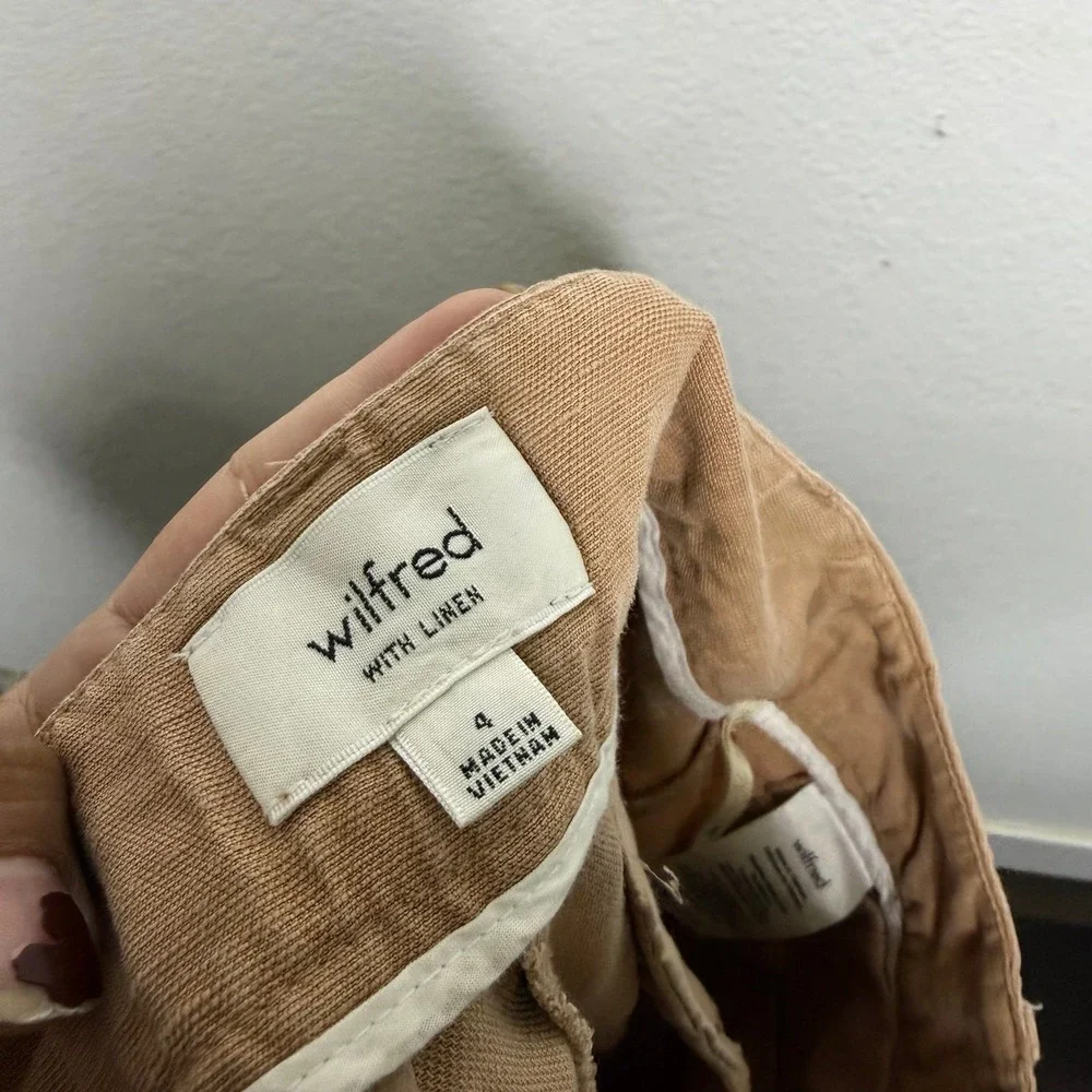 Wilfred Aritzia Linen Blend Wide Leg Pleated Trousers Brown Tan Size 4